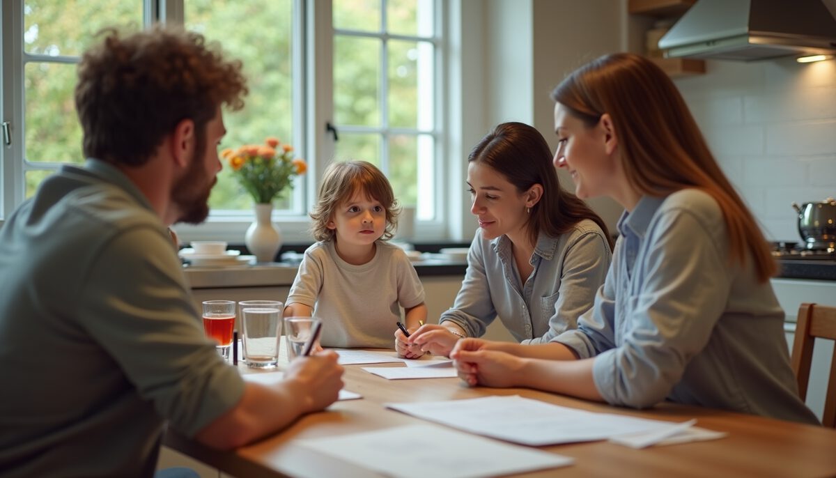 Two parents and a child sitting at a kitchen table working through a parenting plan together